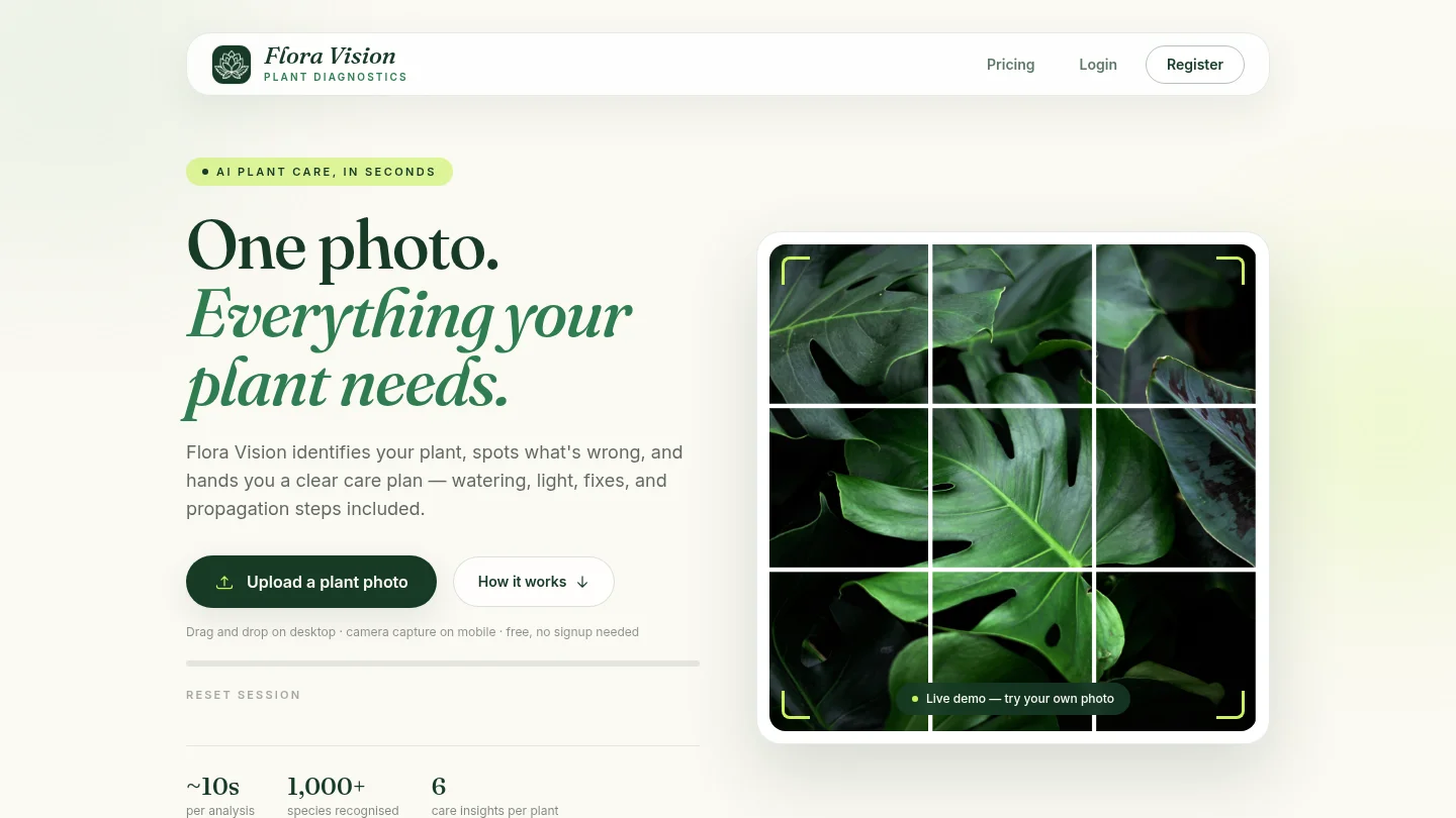 Flora Vision landing page — One photo. Everything your plant needs.