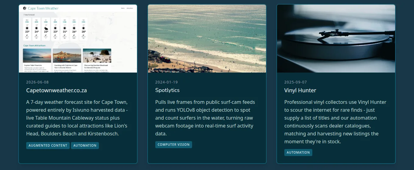 Isivuno use cases — Capetownweather.co.za, Spotlytics and Vinyl Hunter