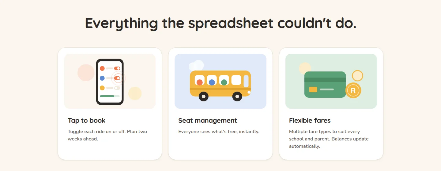 Kidstix features - tap to book, seat management and flexible fares